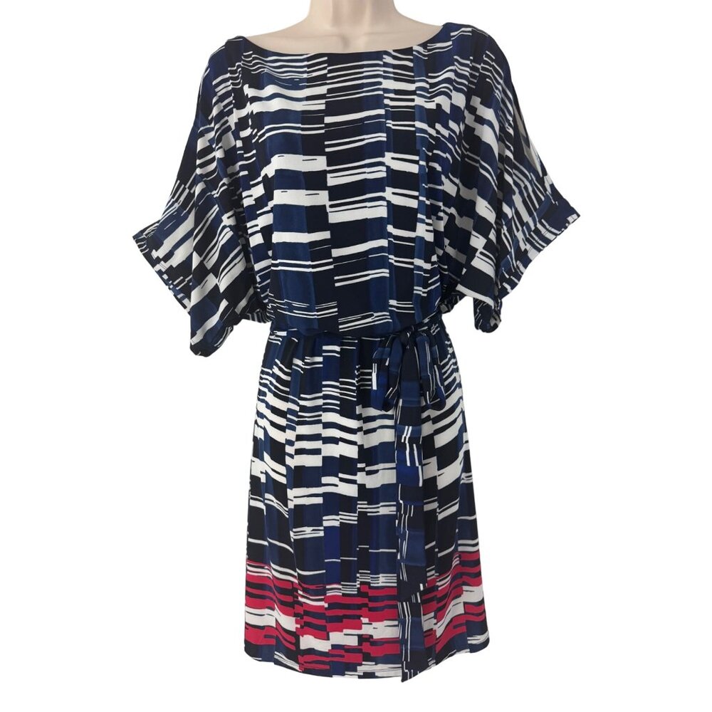 Dressbarn Dolman Sleeve Blue Red Printed Blouson Dress‎ w/Tie Size 1X 16 Office